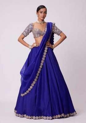 Blue Mirror Work Georgette Lehenga Set