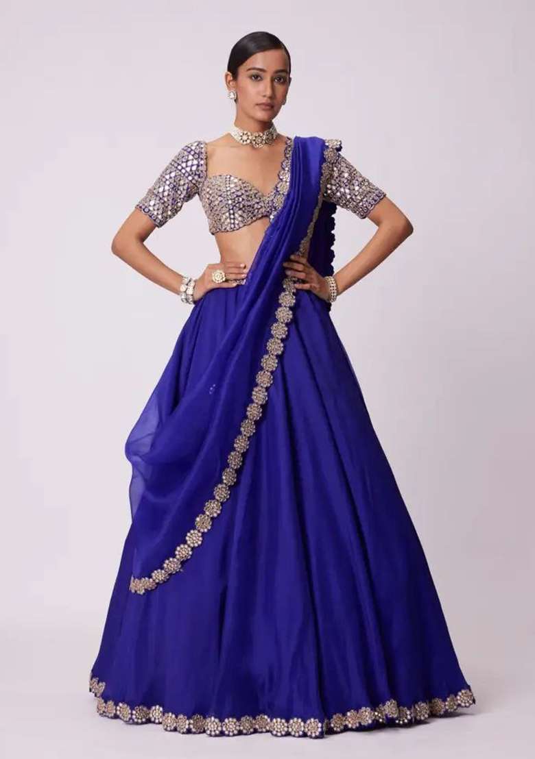 Blue Mirror Work Georgette Lehenga Set - Indya
