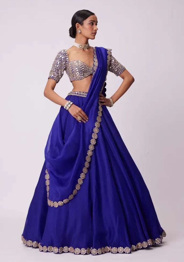 Blue Mirror Work Georgette Lehenga Set - Indya