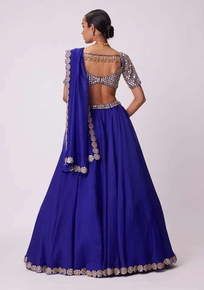 Blue Mirror Work Georgette Lehenga Set - Indya