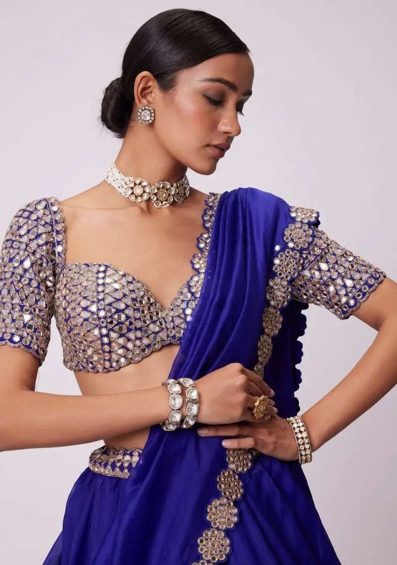 Blue Mirror Work Georgette Lehenga Set - Indya