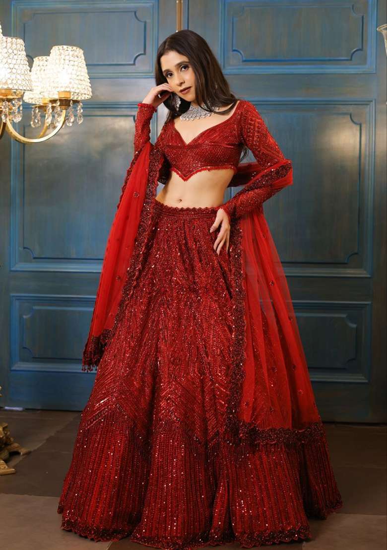 Red Embroidery Georgette Lehenga Set - Indya