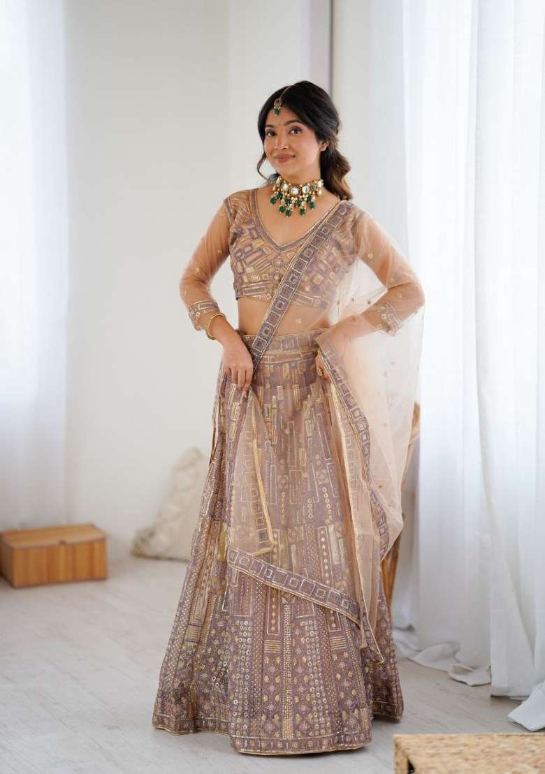 Peach Embroidery Net Lehenga Set - Indya