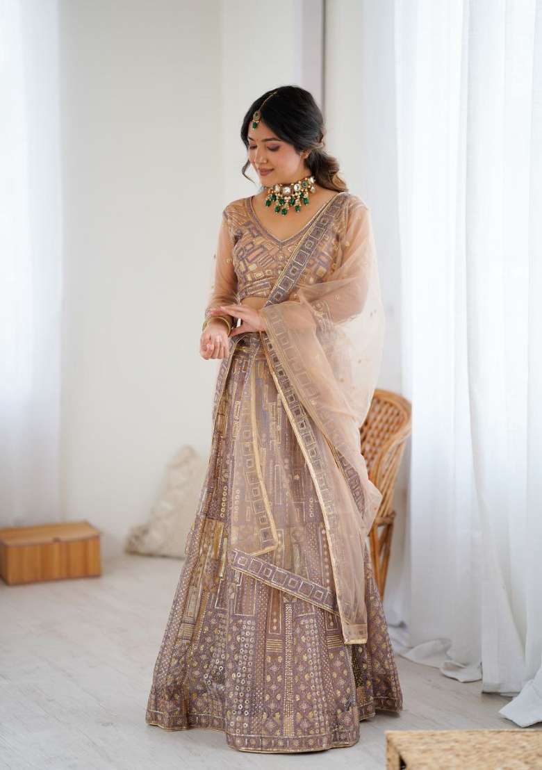 Peach Embroidery Net Lehenga Set - Indya