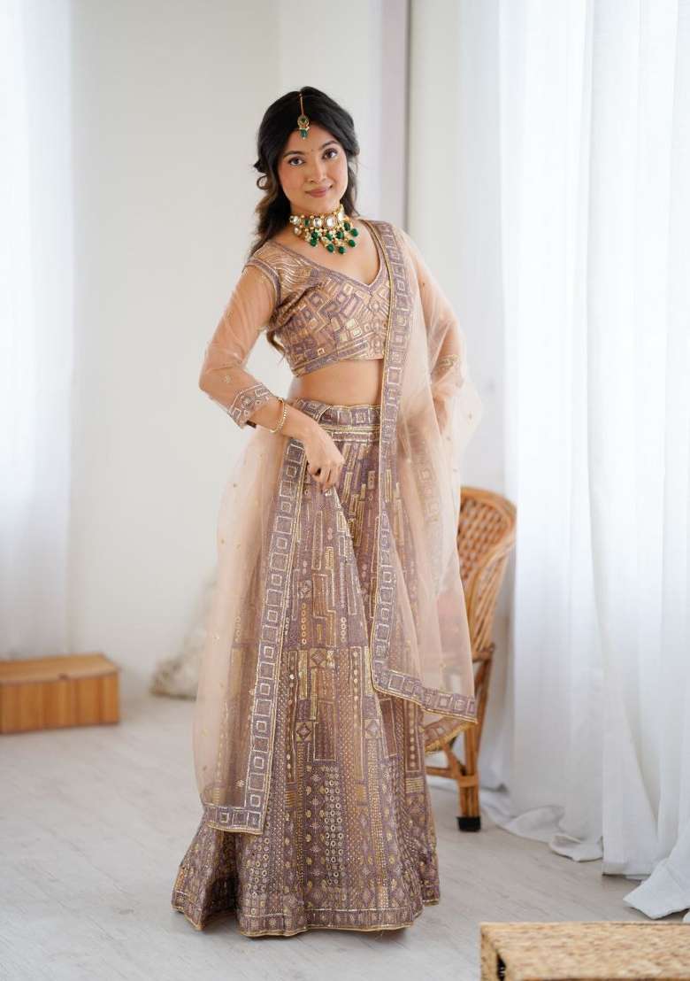 Peach Embroidery Net Lehenga Set - Indya