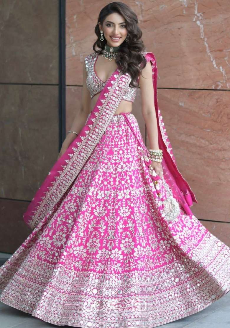 Pink Embroidery Georgette Lehenga Set - Indya