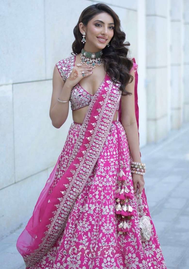 Pink Embroidery Georgette Lehenga Set - Indya