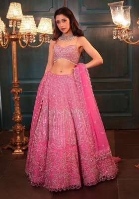 Pink Embroidery Net Lehenga Set