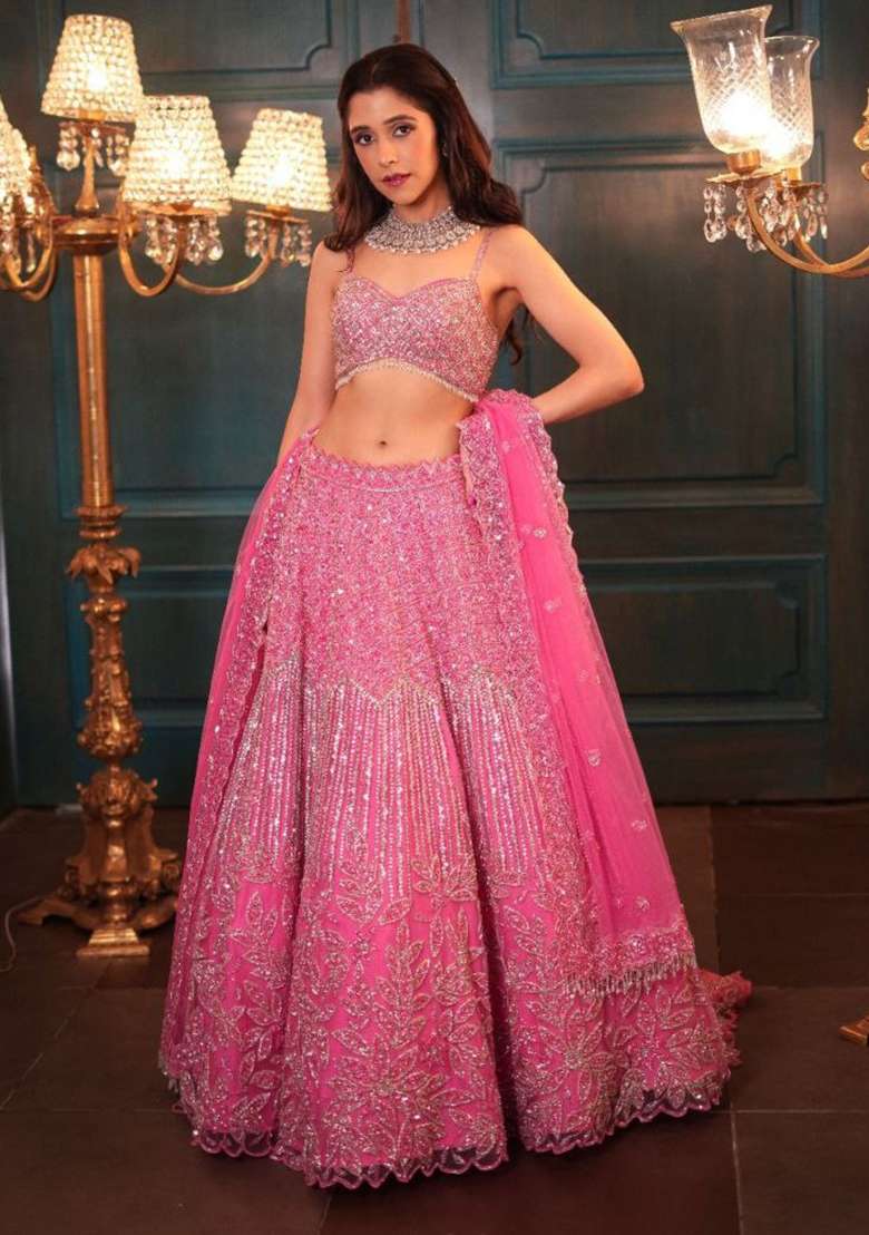 Pink Embroidery Net Lehenga Set - Indya