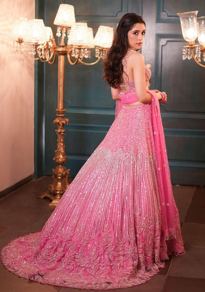 Pink Embroidery Net Lehenga Set - Indya