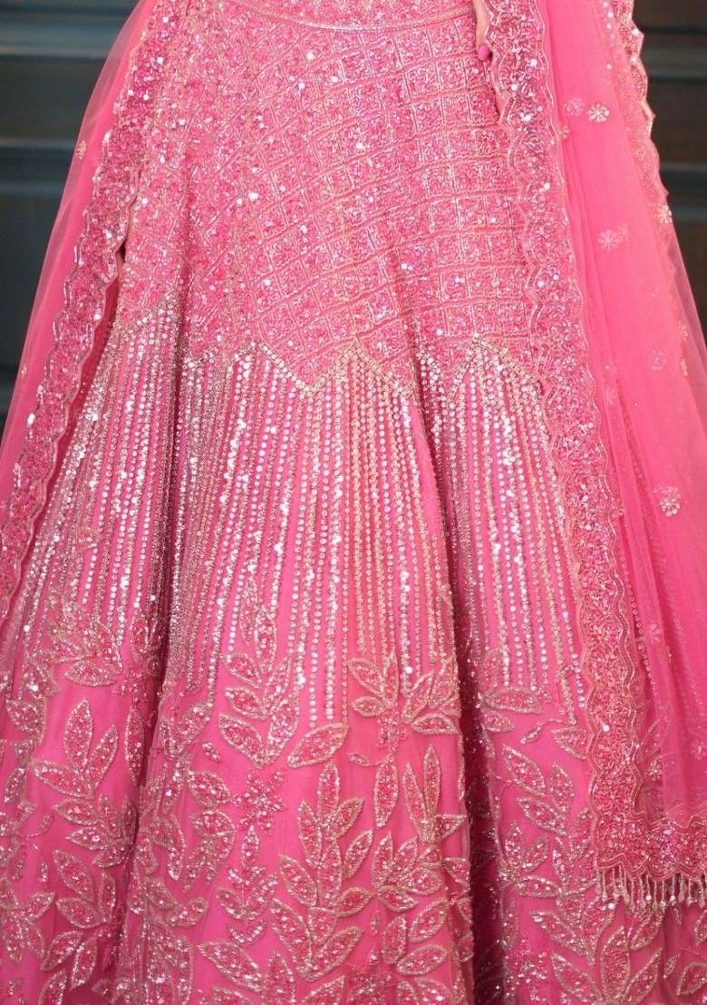 Pink Embroidery Net Lehenga Set - Indya