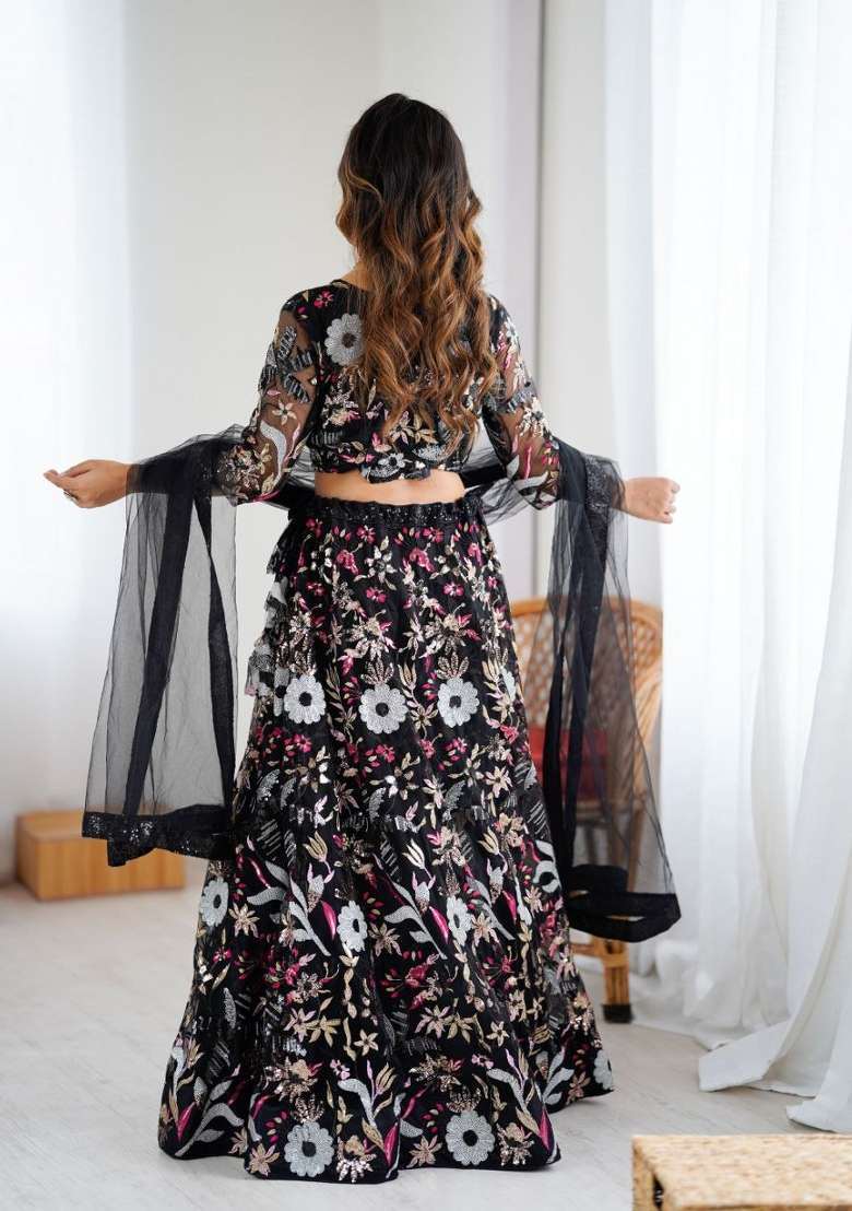 Black Embroidery Net Lehenga Set - Indya