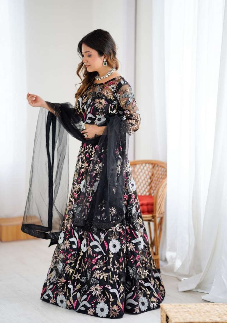 Black Embroidery Net Lehenga Set - Indya