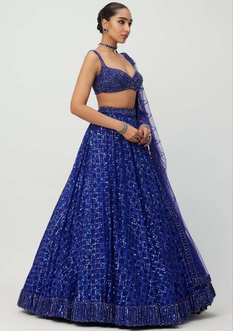 Blue Zari Work Net Lehenga Set - Indya