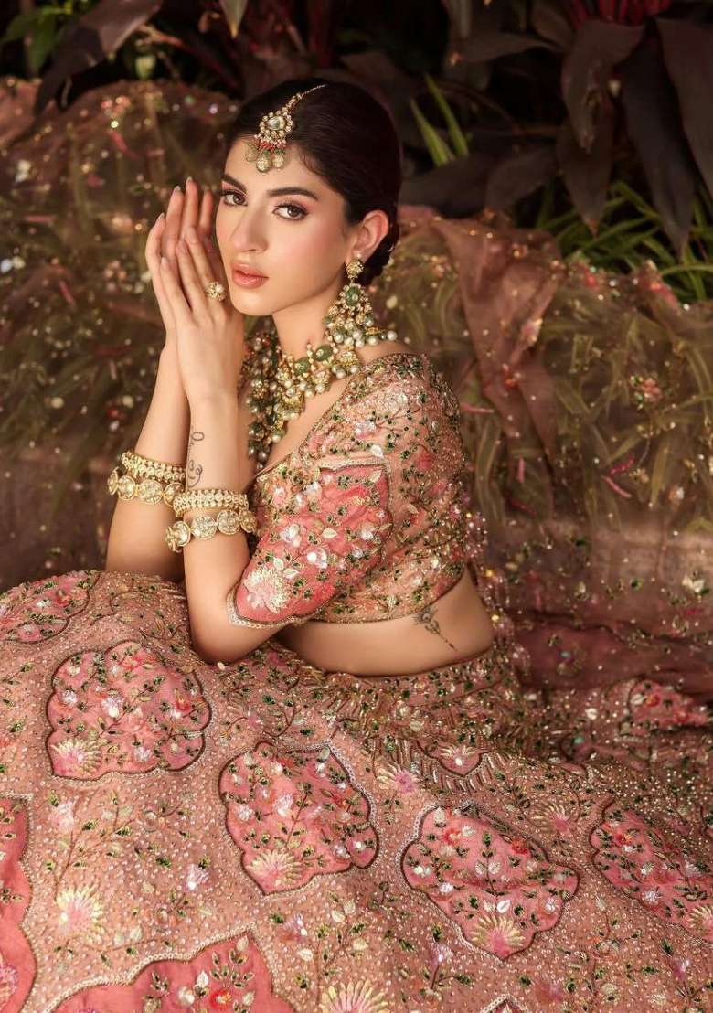 Peach Embroidery Silk Lehenga Set - Indya