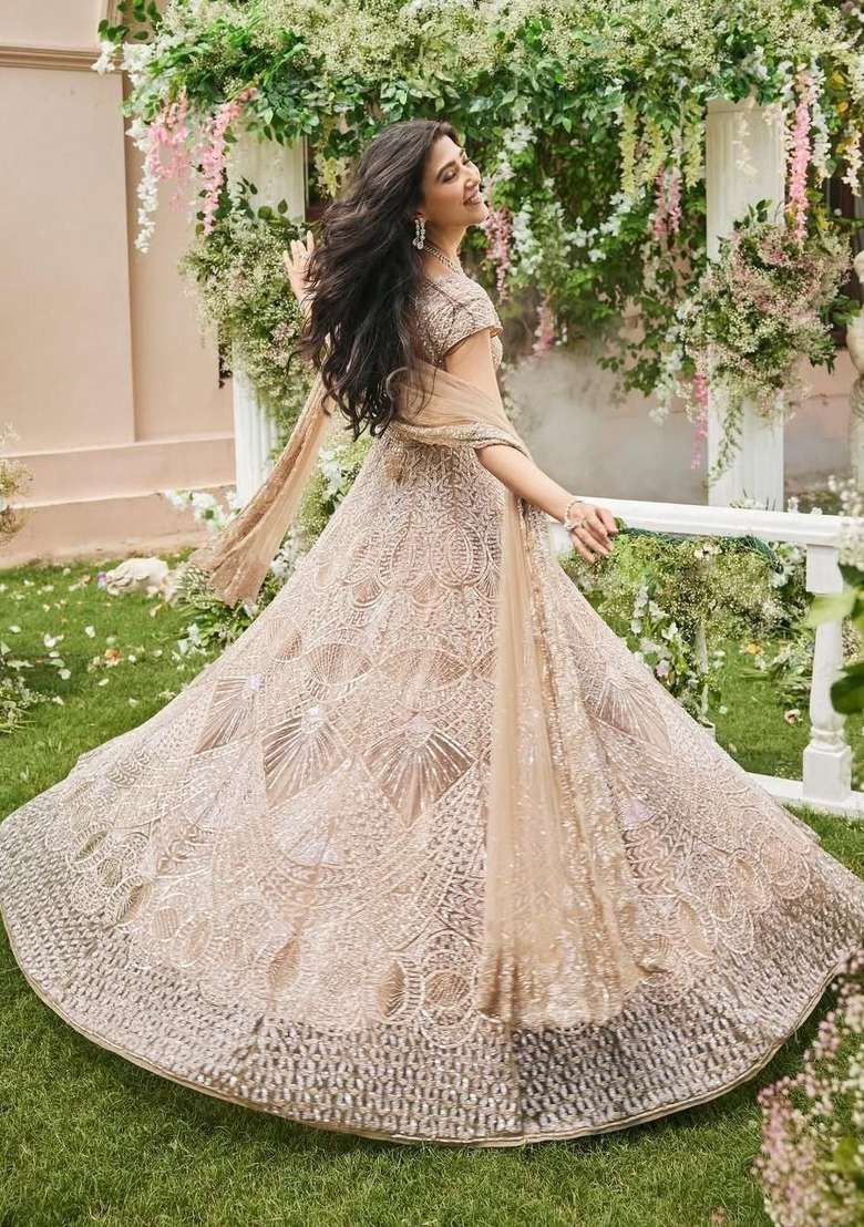 Cream Sequin Work Net Lehenga Set - Indya