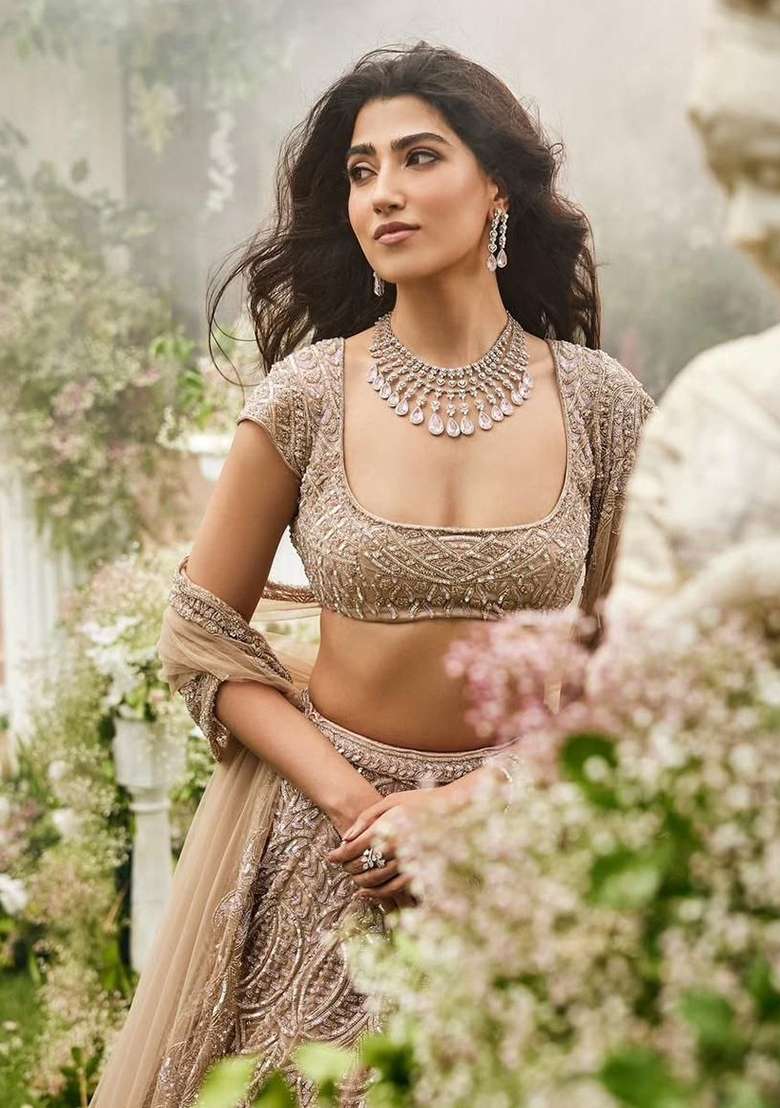 Cream Sequin Work Net Lehenga Set - Indya