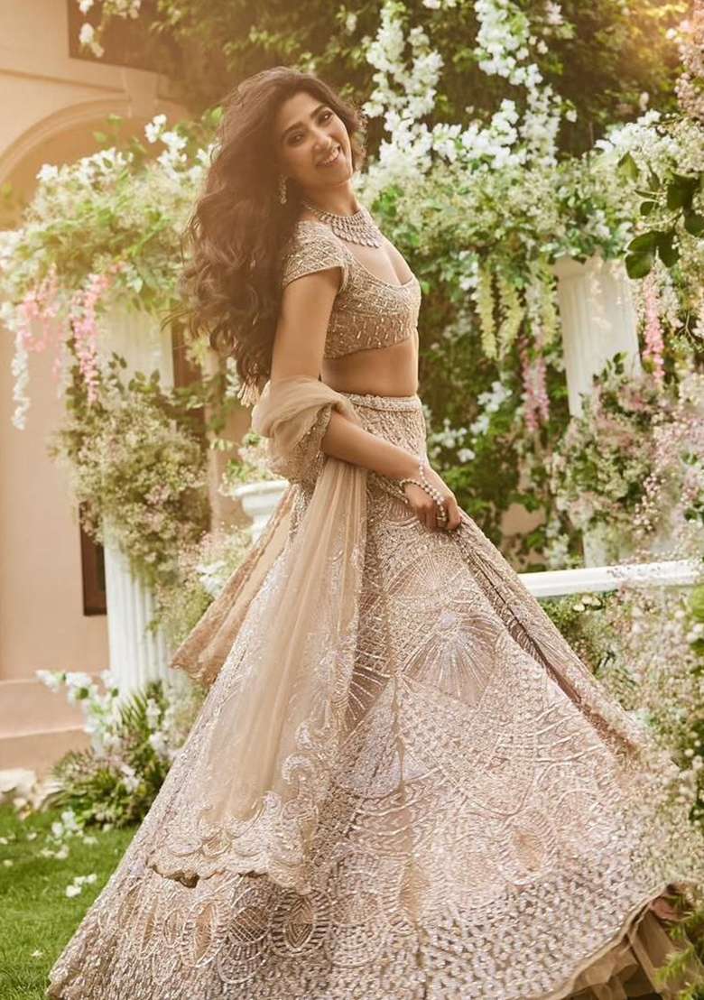 Cream Sequin Work Net Lehenga Set - Indya