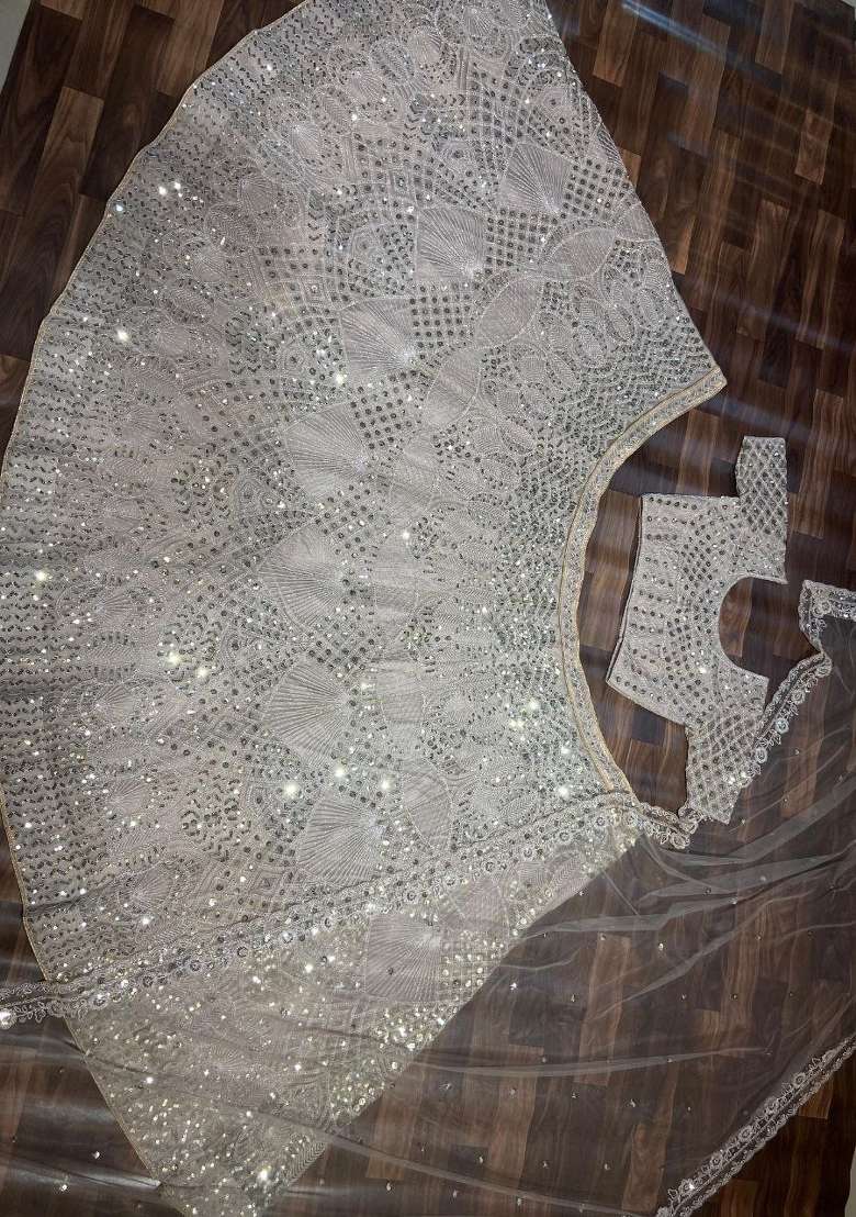 Cream Sequin Work Net Lehenga Set - Indya