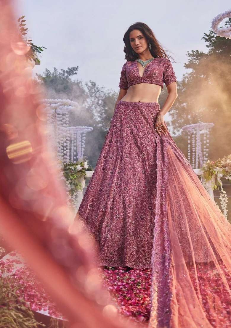 Pink Embroidery Silk Lehenga Set - Indya