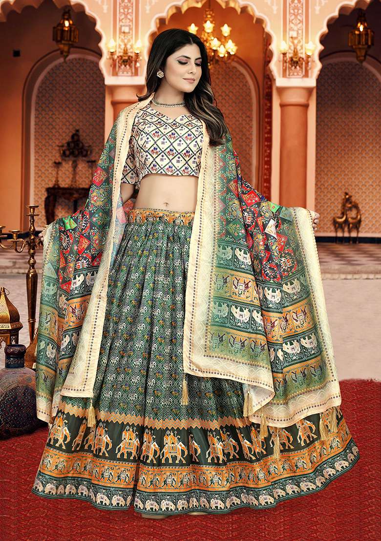 Multicolor Printed Silk Lehenga Set - Indya