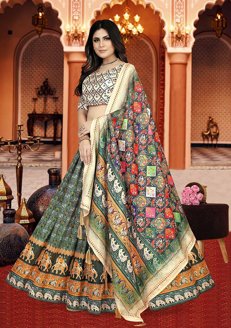 Multicolor Printed Silk Lehenga Set - Indya
