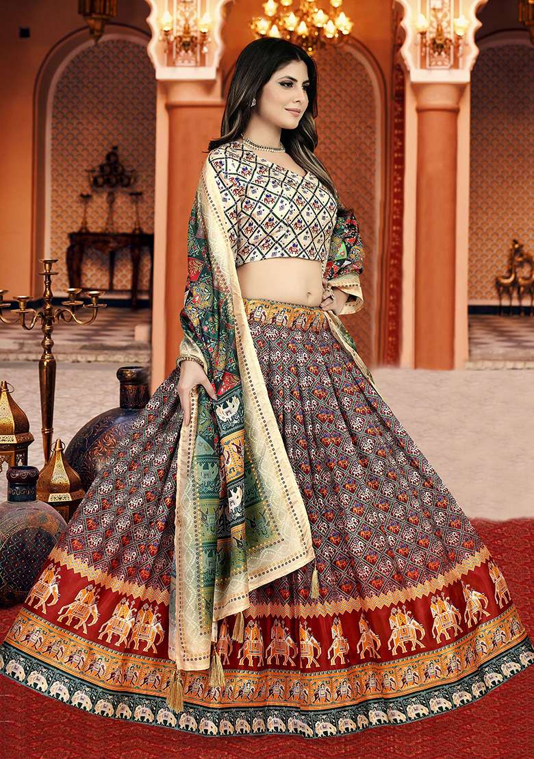 Multicolor Printed Silk Lehenga Set - Indya