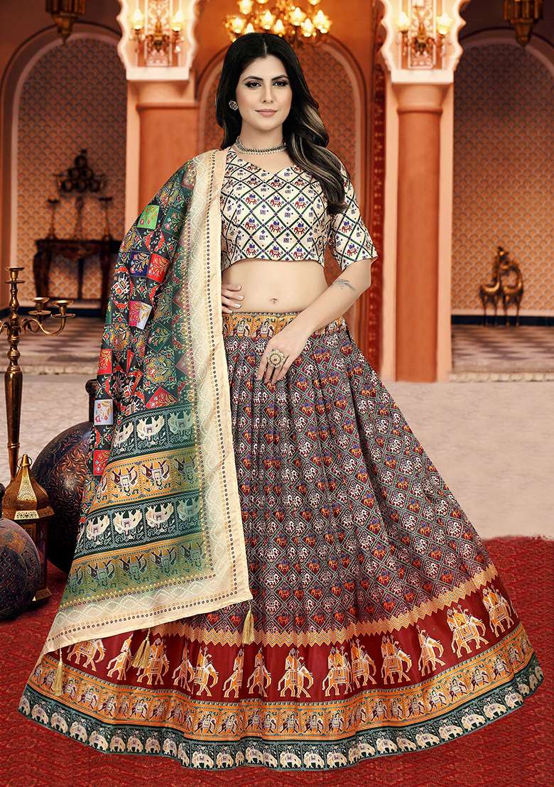 Multicolor Printed Silk Lehenga Set - Indya