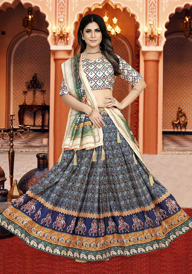 Multicolor Printed Silk Lehenga Set - Indya