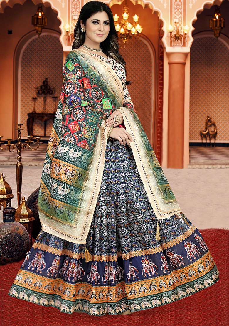 Multicolor Printed Silk Lehenga Set - Indya