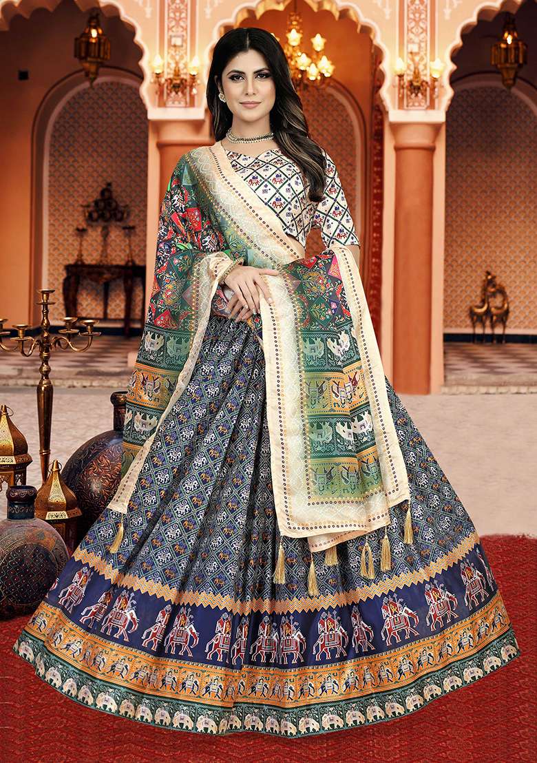 Multicolor Printed Silk Lehenga Set - Indya
