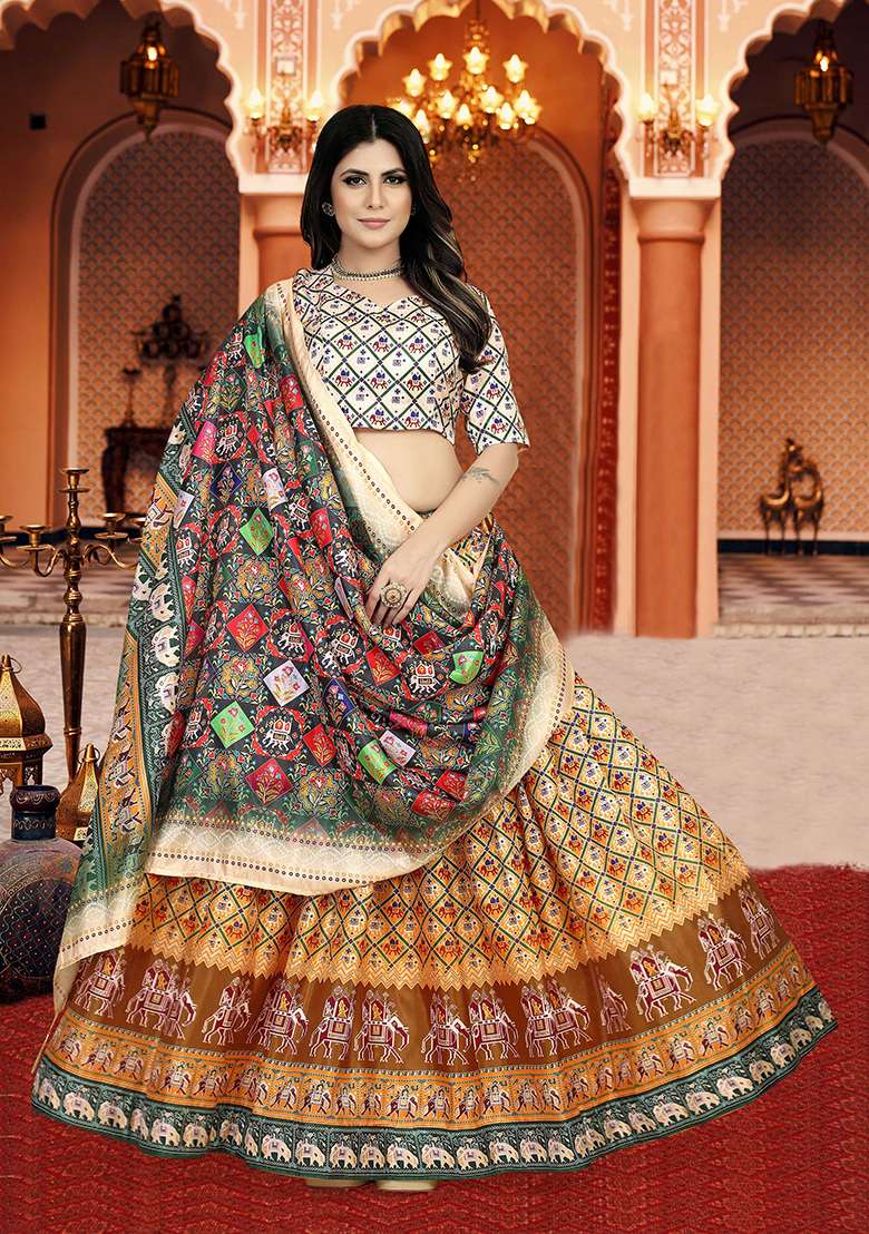 Multicolor Printed Silk Lehenga Set - Indya