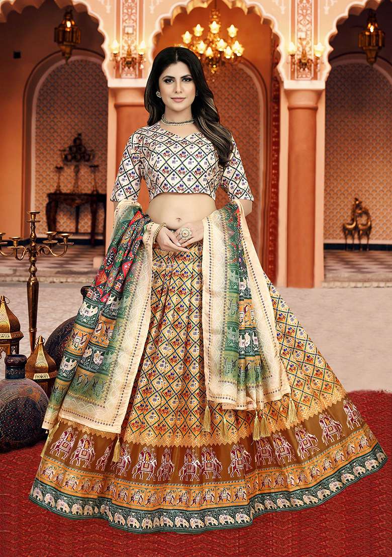 Multicolor Printed Silk Lehenga Set - Indya