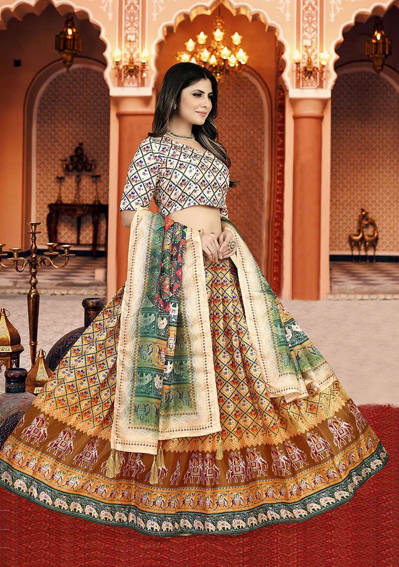 Multicolor Printed Silk Lehenga Set - Indya