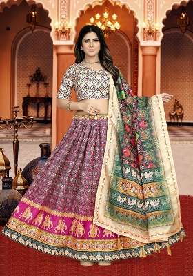 Multicolor Printed Silk Lehenga Set