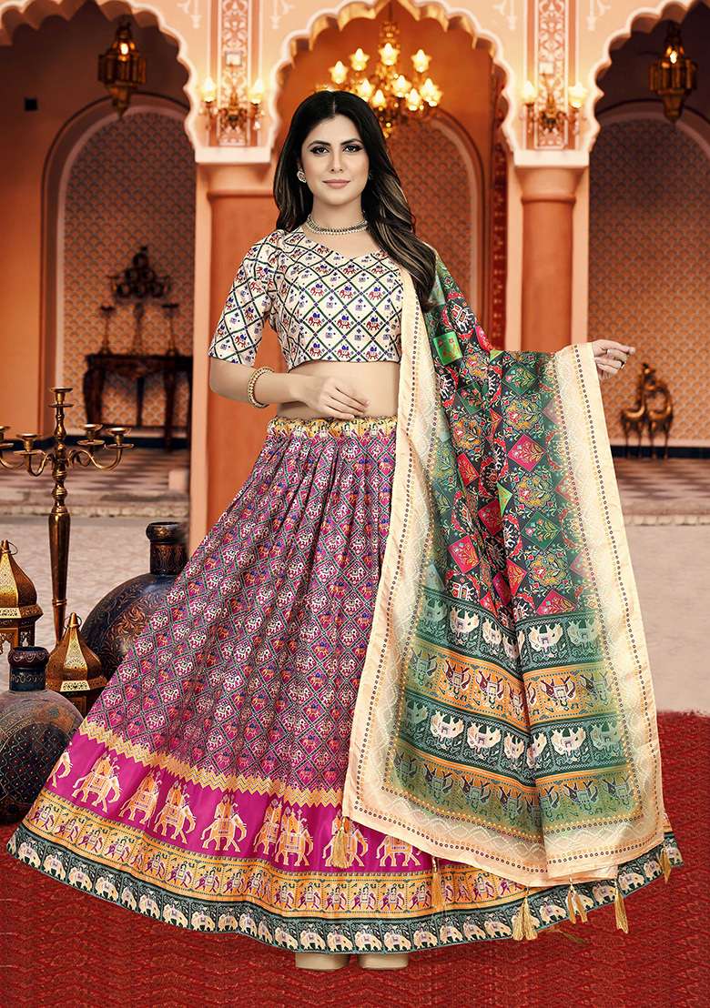 Multicolor Printed Silk Lehenga Set - Indya
