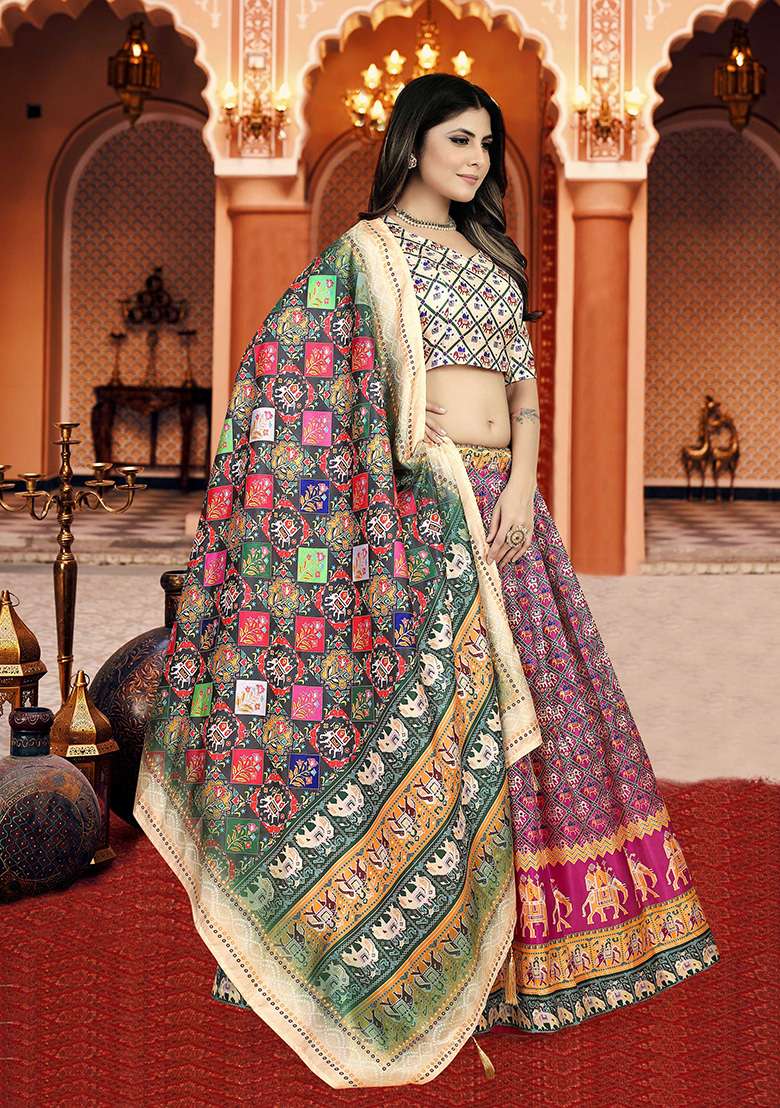 Multicolor Printed Silk Lehenga Set - Indya