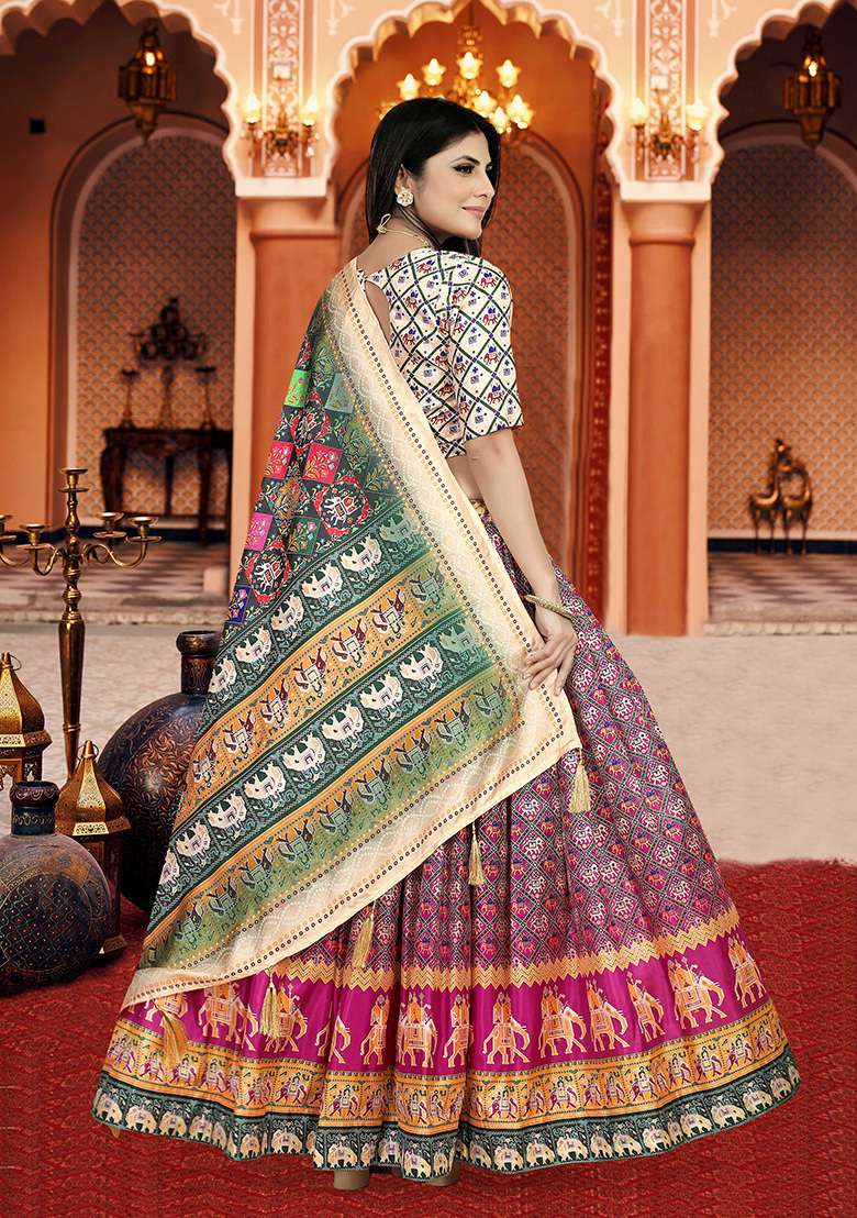 Multicolor Printed Silk Lehenga Set - Indya