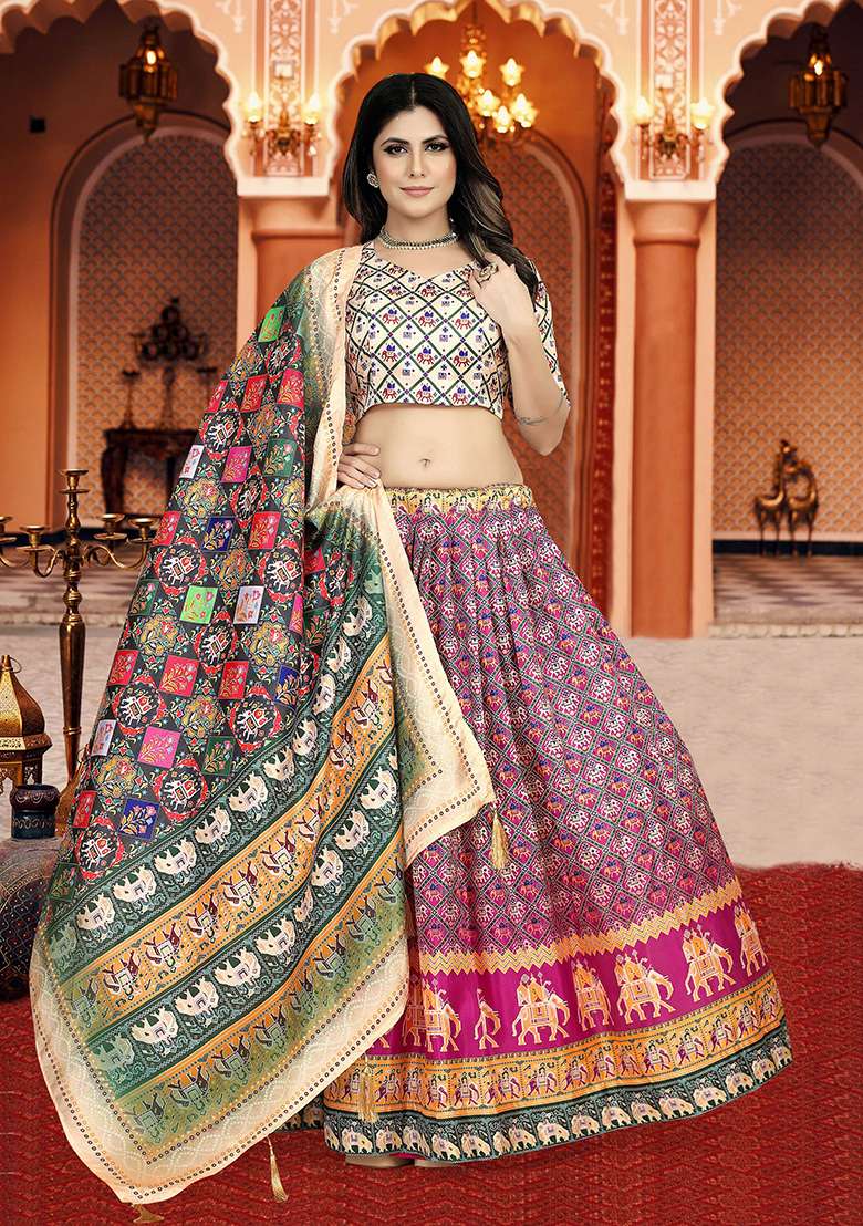 Multicolor Printed Silk Lehenga Set - Indya
