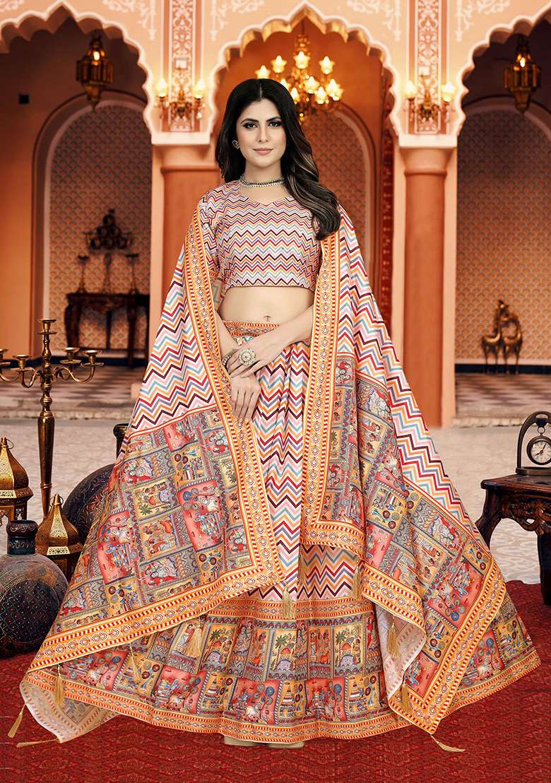 Multicolor Printed Silk Lehenga Set - Indya