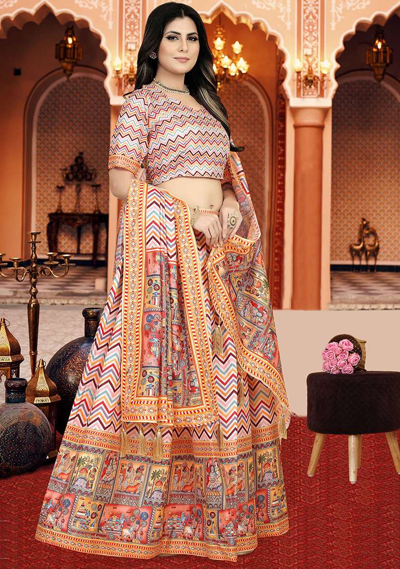 Multicolor Printed Silk Lehenga Set - Indya
