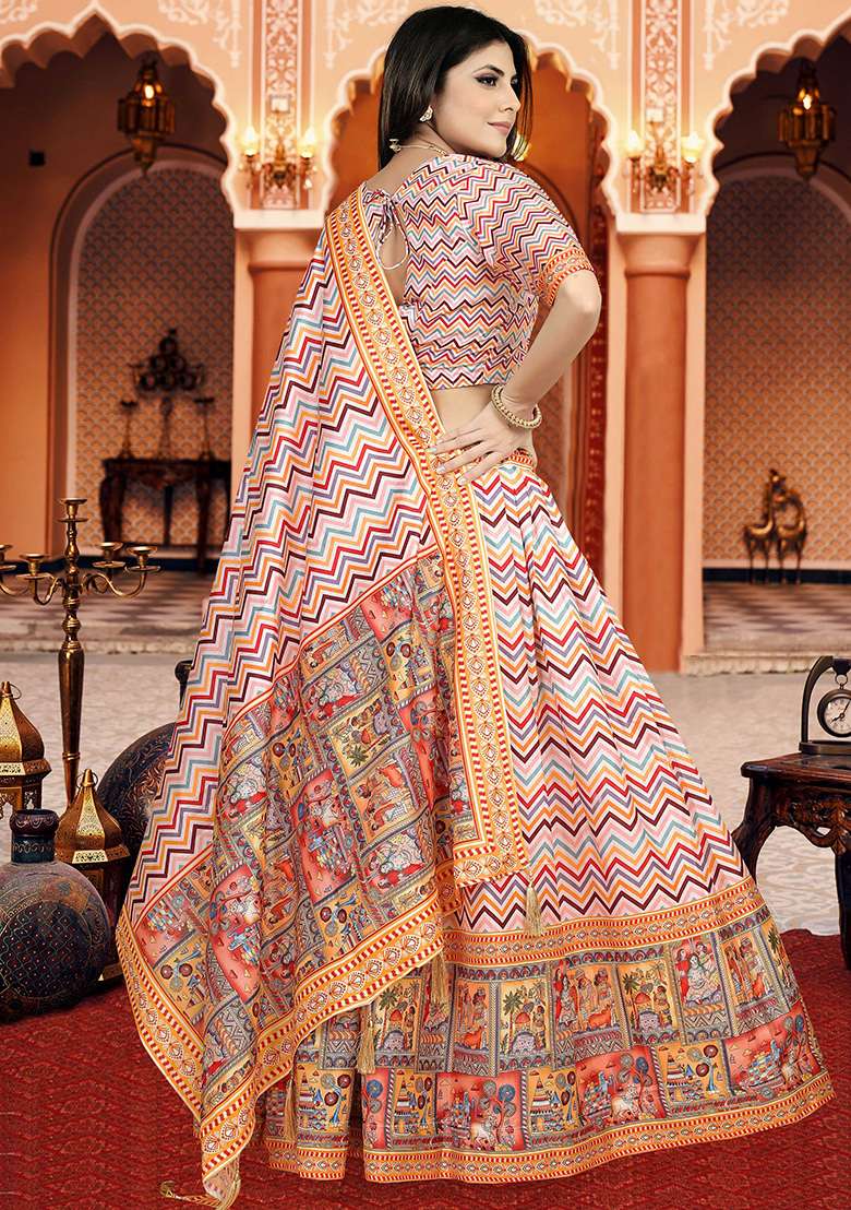 Multicolor Printed Silk Lehenga Set - Indya