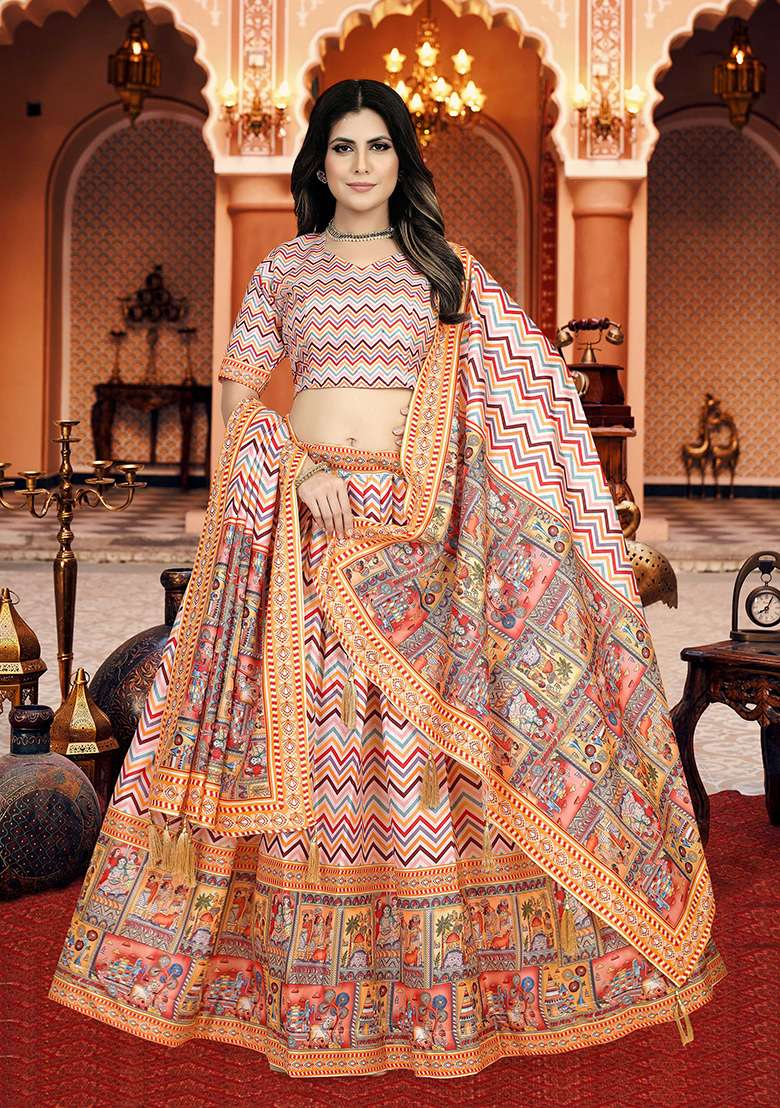 Multicolor Printed Silk Lehenga Set - Indya