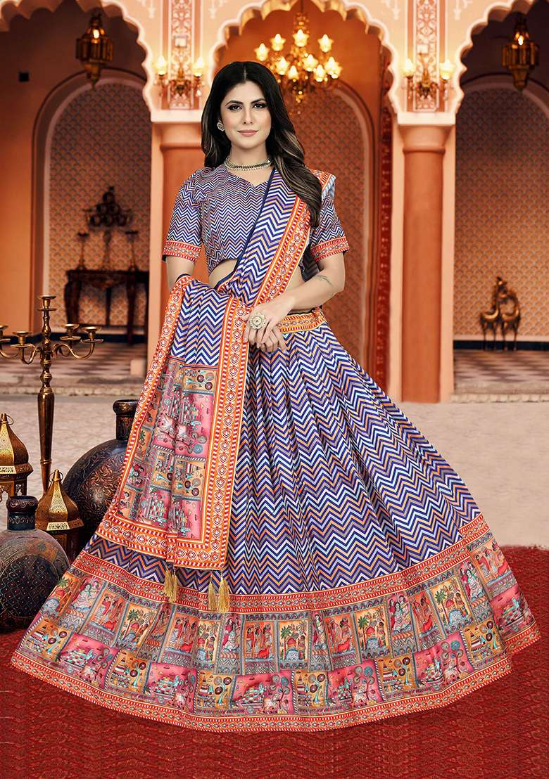 Multicolor Printed Silk Lehenga Set - Indya