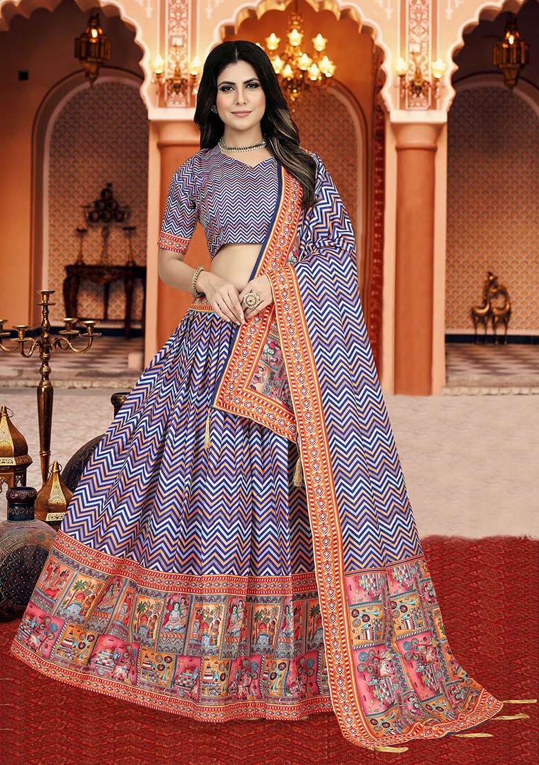 Multicolor Printed Silk Lehenga Set - Indya