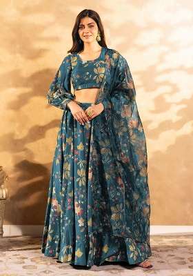 Teal Printed Silk Lehenga Set