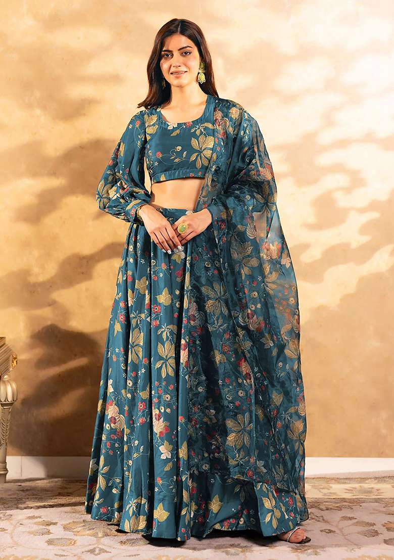 Teal Printed Silk Lehenga Set - Indya