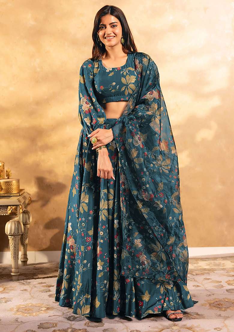 Teal Printed Silk Lehenga Set - Indya