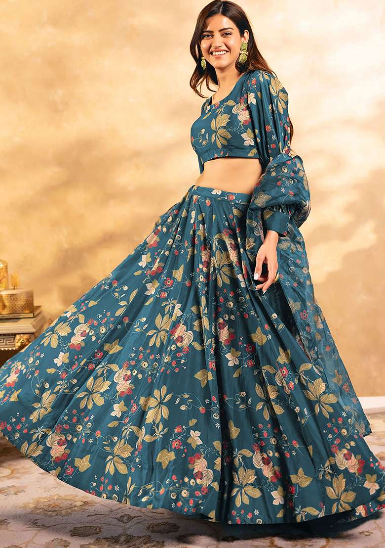 Teal Printed Silk Lehenga Set - Indya