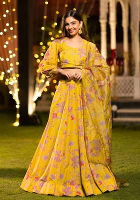 Yellow Printed Silk Lehenga Set